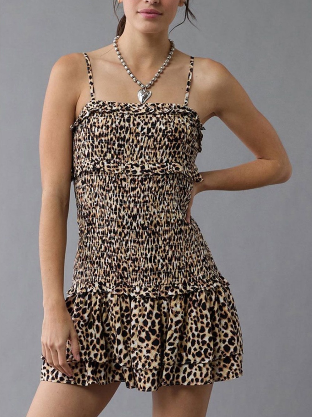 American Eagle Animal Print Strapless Smocked Ruffle Mini Dress
